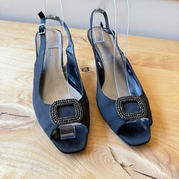 J RENEE BLACK SATIN SLINGBACK HEELS RHINESTONE BUCKLE ELEGANT WEDDING EVENING 11 - Picture 1 of 13